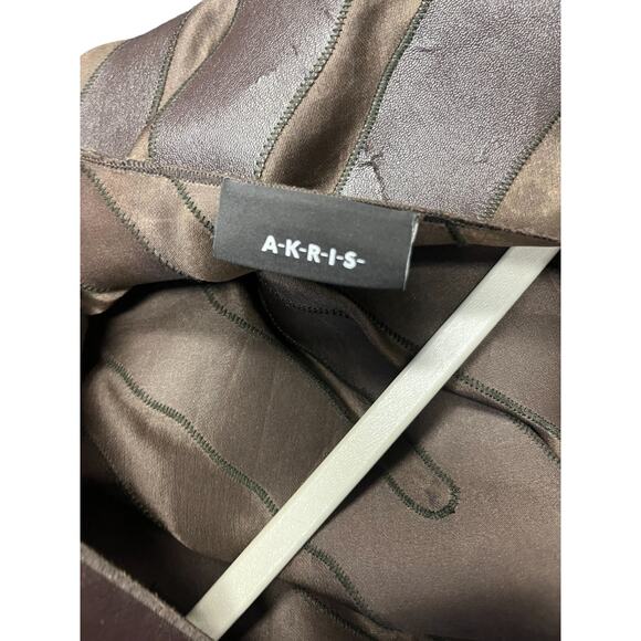 AKRIS Brown Silk Striped Faux Leather Collarless Mid-Length Galileo Coat 40 US 8 - Picture 5 of 6